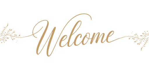 Welcome script in golden cursive with decorative floral flourishes on white background, perfect for invitations, greetings, and branding visuals