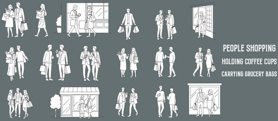 Architectural Drawings people shopping, carrying grocery bags, holding coffee cups, window shopping vector illustration, side view, human person Minimal style hand drawn