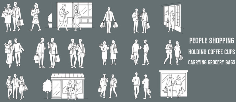 Architectural Drawings people shopping, carrying grocery bags, holding coffee cups, window shopping vector illustration, side view, human person Minimal style hand drawn - Powered by Adobe