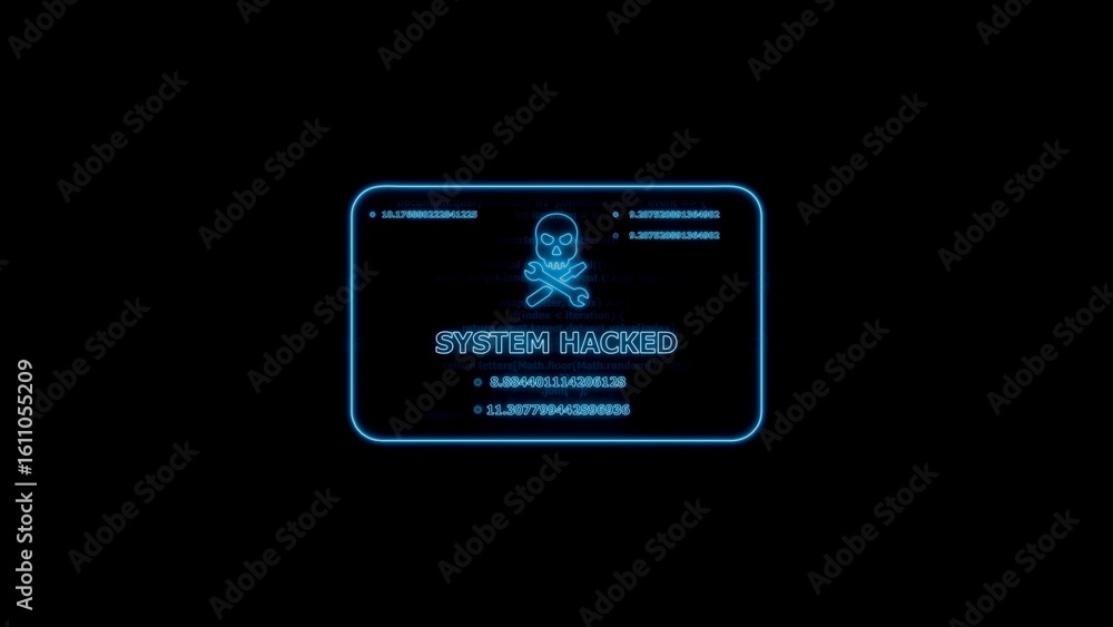 Poster system hacked neon display with skull and crossed wrenches warning against cybercrime
