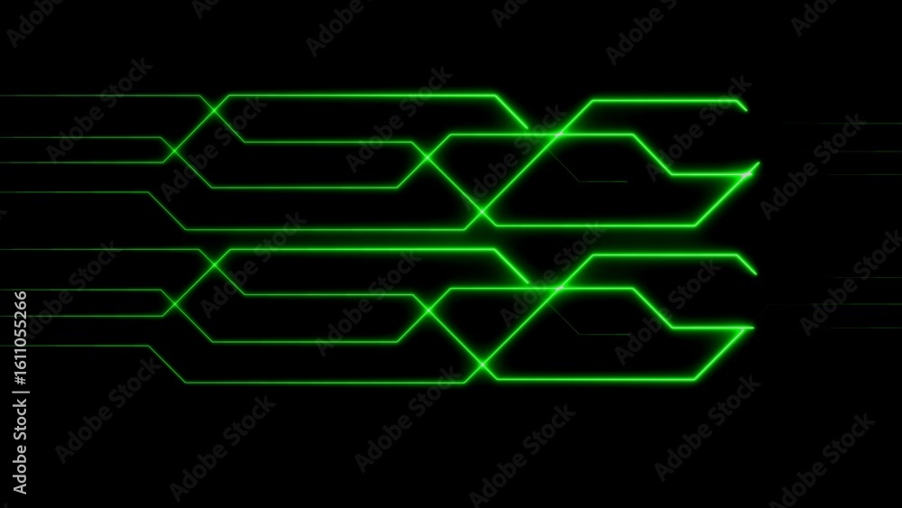 Poster futuristic neon green circuit board design on black background showing data flow