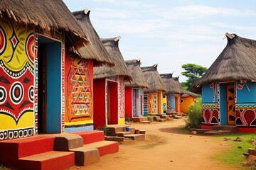 Row of vibrant painted ndebele houses with thatched roofs, representing unique african architecture and cultural heritage in south africa