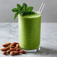 A tall glass of green smoothie with mint garnish and almonds on a marble surface