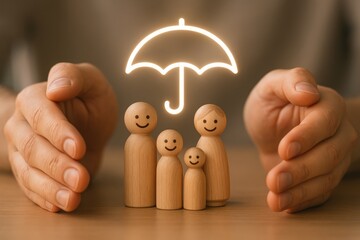 Protecting Family: Hands gently embrace a wooden family figurines beneath an umbrella symbol, offering visual reassurance about life and financial security and stability. 