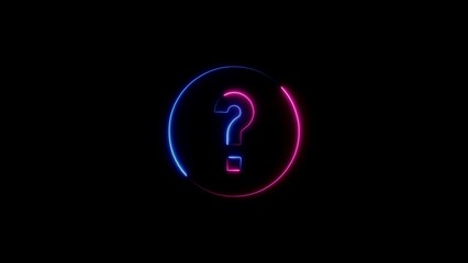 Neon question mark in circle with blue and pink lights on a black background design
