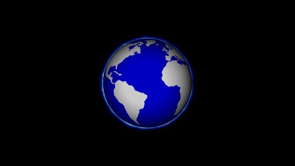 Stylized illustration of planet earth with blue oceans and continents on a black background
