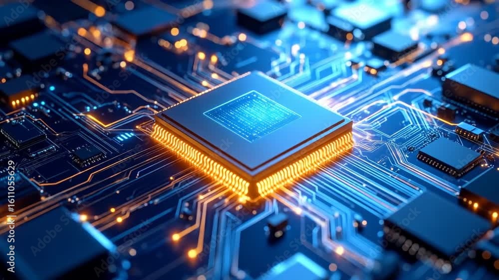Poster advanced microchip technology close-up for computer and electronic industry
