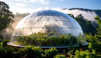 Obraz premium Geodesic Dome Greenhouse with Plants Surrounded by Lush Greenery