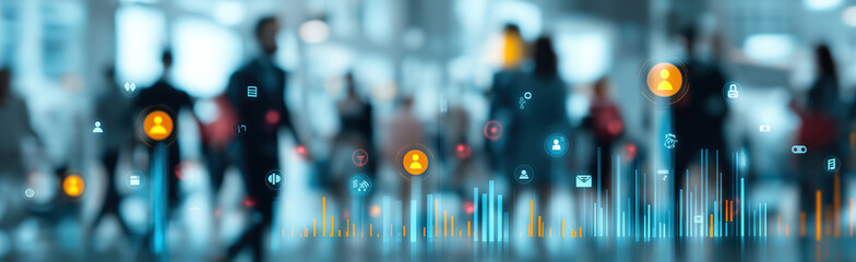 Naklejka premium Blurred urban crowd overlaid with glowing digital data analytics and network connections.