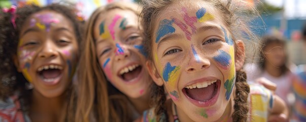 Three girls laughing with paint on their faces at a colorful festival outside day