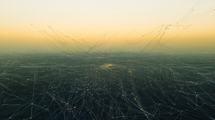 A network of connected lines and dots covers a landscape with a bright hazy horizon