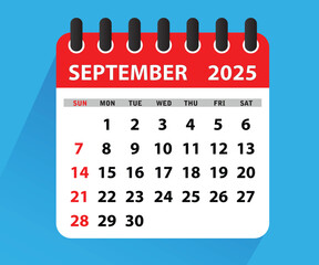 September 2025 Calendar Leaf. Calendar 2025 in flat style. September 2025 Calendar. Week starts on Sunday. Blank Calendar Template. Stationery Design. Vector Illustration