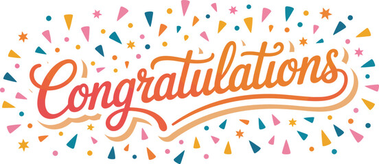 Cursive congratulations text with vibrant confetti bursts on white background, ideal for joyful announcements, milestones, and success events