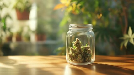 Cannabis buds stored in glass jar on wooden table with natural light and sunlight, surrounded by green plant indoors, herb container creating calm and warm atmosphere with blurred background - Powered by Adobe