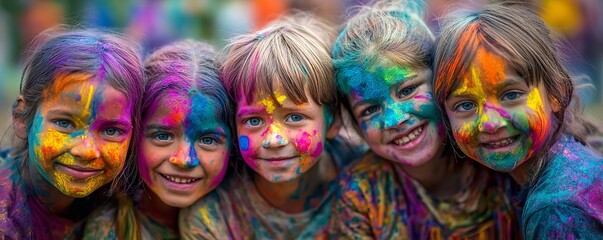 A group of five smiling children covered in colorful powder paint close together