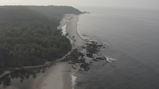 Aerial View of Goa Beach with Coconut Trees, Crashing Waves and Coastline