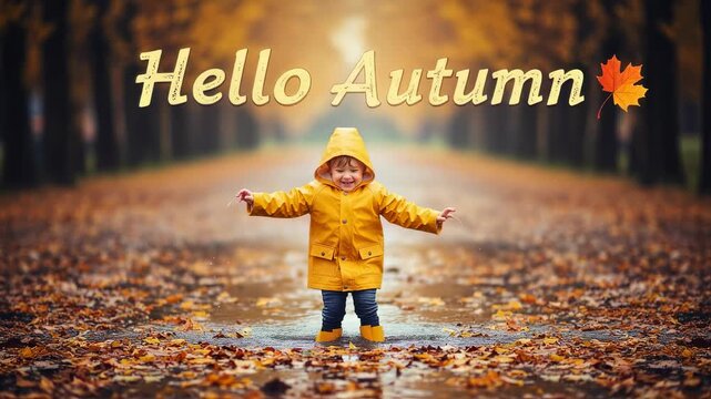 Happy kid in yellow raincoat jumping in puddle with autumn leaves, hello autumn sign. Fall season fun childhood concept. Footage.