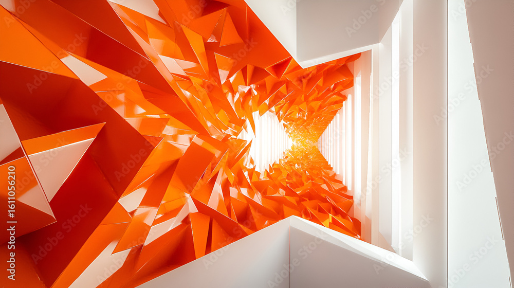 Poster an abstract geometric tunnel with orange shards and white structures converging towards a bright lig
