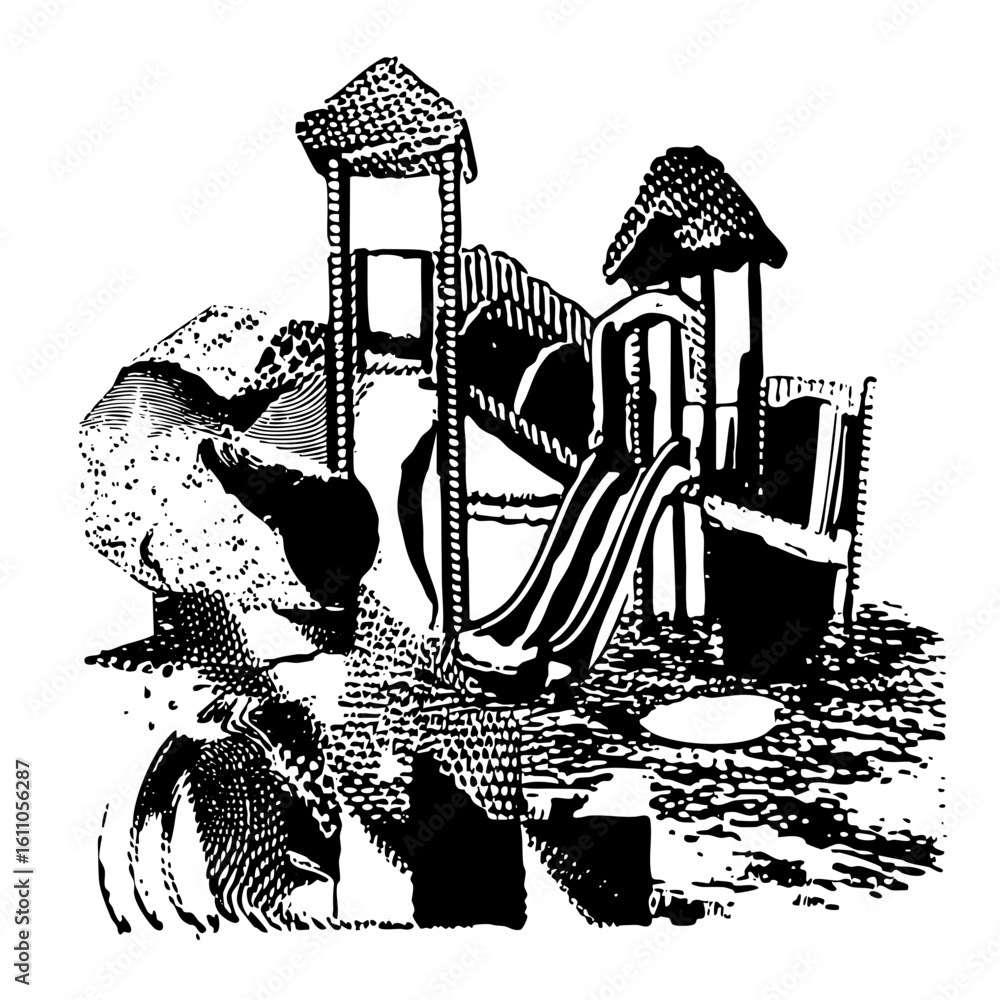 Poster vector playground structure features towers slides and climbing elements.