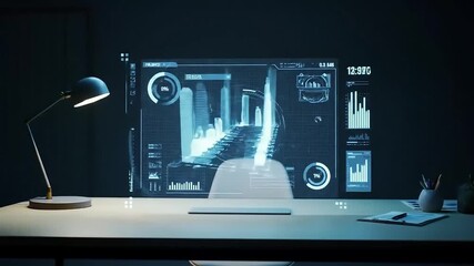 Futuristic Desk Setup with Abstract Glowing Light Panel and Lamp in a Darkened Room - Powered by Adobe