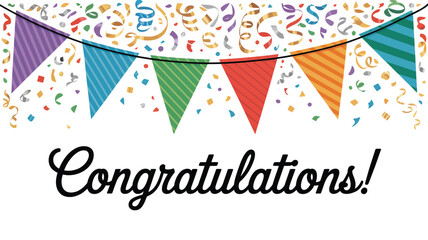 Colorful congratulations banner with vibrant confetti and rainbow flags, perfect for celebrations, parties, milestones, and happy events