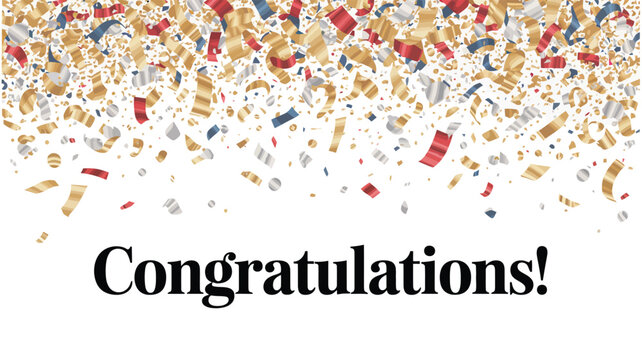 Bold congratulations text with confetti explosion in metallic hues, ideal for celebrating achievements, milestones, and festive occasions