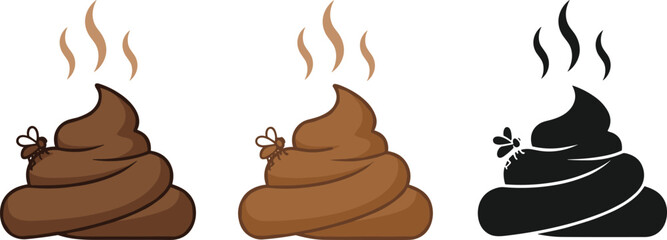 Funny cartoon poop emoji with flies and steam, brown and black variations, smelly waste concept, humorous toilet design, vector illustration