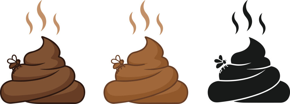 Funny cartoon poop emoji with flies and steam, brown and black variations, smelly waste concept, humorous toilet design, vector illustration