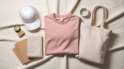 A collection of everyday essentials including a pink tshirt, white cap, tote bag, and notebooks