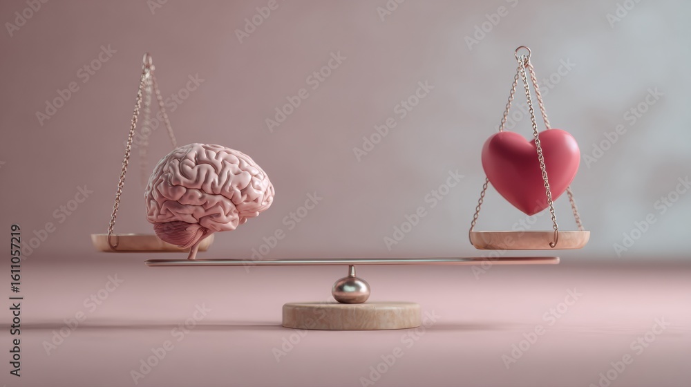 Poster balancing intellect and emotion with a minimalist depiction of brain and heart on a scale in a simpl