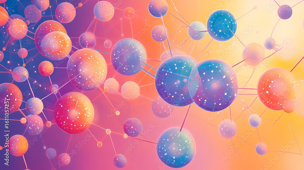 Poster colorful spheres interconnected by thin lines with light dots forming a network against a gradient b