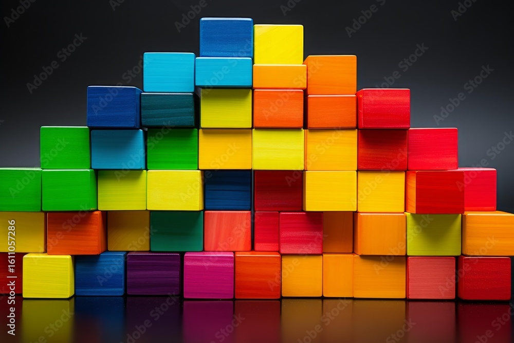 Poster colorful wooden blocks are stacked in a pyramid shape on a reflective surface, creating a vibrant an
