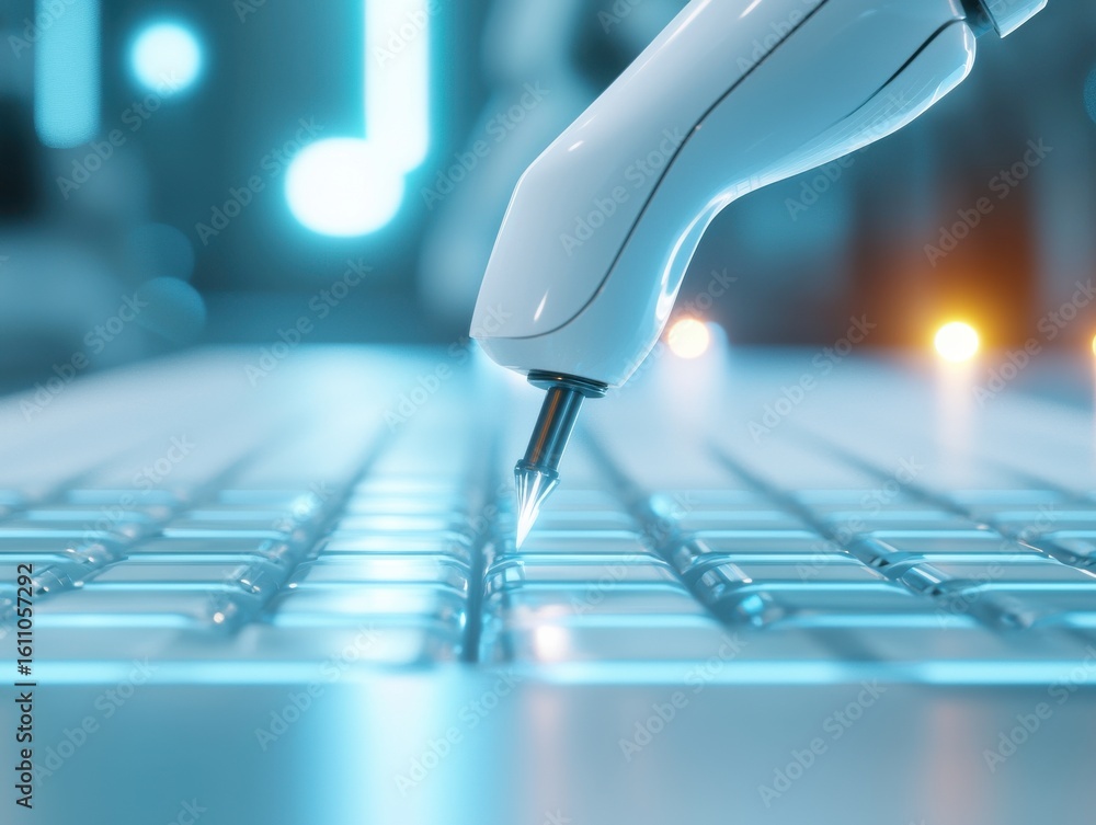 Poster a robotic pen hovers over a backlit keyboard, symbolizing the fusion of technology and digital writi