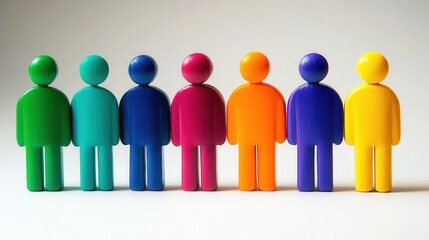 Colorful wooden figures representing diversity and unity in teamwork, standing in a row against a neutral backdrop showcasing individuality and collaboration