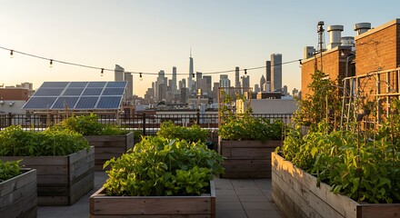 Fototapeta premium Urban Rooftop Garden with Vegetables and Solar Panels at Sunset