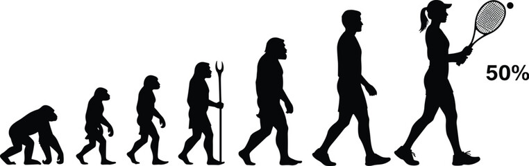 Human evolution to modern athlete, chimpanzee to tennis player, silhouette sequence, physical transformation, sports progression, fitness timeline, dynamic concept art