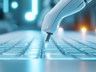 A robotic pen hovers over a backlit keyboard, symbolizing the fusion of technology and digital writing in a futuristic workspace.