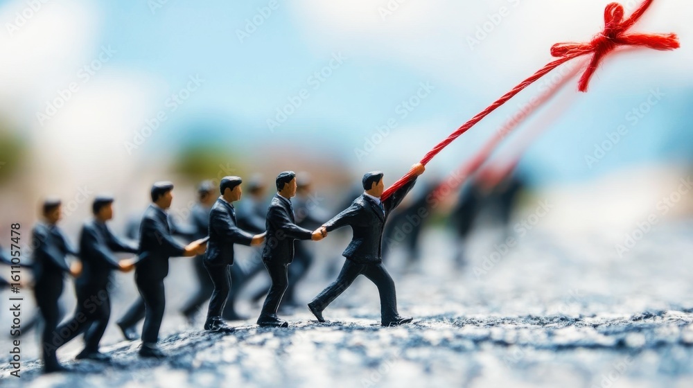 Poster teamwork concept represented by miniature figures pulling together a red string against a blurred ba
