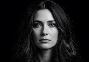 Fototapeta premium A woman's face is shown in a black and white photo with a black background. The photo is of a woman with long hair and a black and white filter