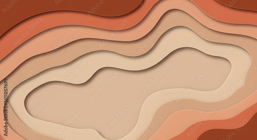 Poster abstract layered paper cut design in shades of brown, beige, and orange, creating a topographic map 