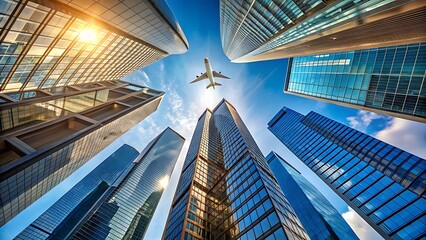 Airplane Flying Over Modern Skyscrapers in a City Center on a Sunny Day
