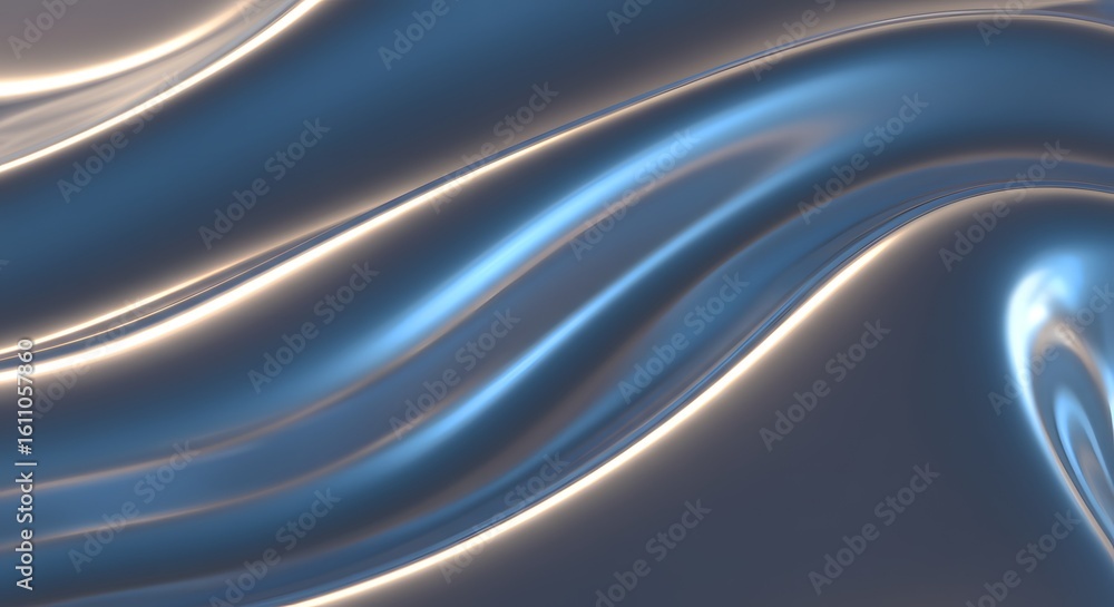 Poster abstract image featuring flowing, curved lines with a metallic, iridescent blue and silver color sch