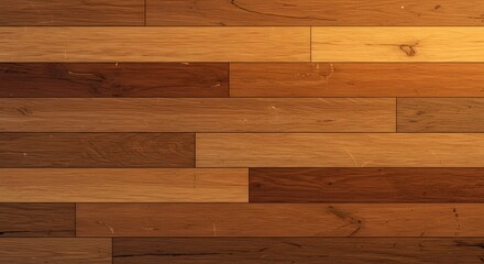 A close-up view of a wooden floor featuring planks of varying shades of brown and tan, creating a textured surface.