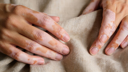 Hands affected by skin discoloration are positioned softly on a light fabric, showcasing unique patterns and textures. This calm moment highlights vulnerability and strength