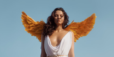 Mysterious Angelic Woman in White Dress With Golden Wings Outdoors