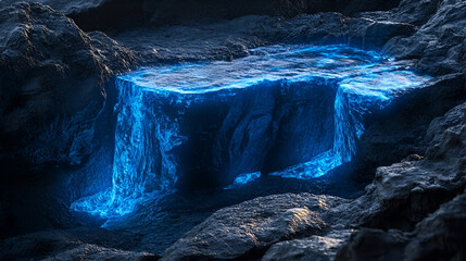 Glowing blue waterfall cascading within dark rocky terrain light emanating upwards