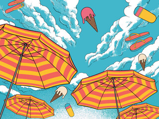 Colorful umbrellas dot the sandy beach under a sunny sky, evoking a perfect summer holiday