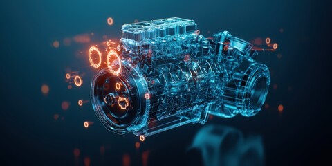A glowing, digital 3D rendering of a car engine with floating mechanical components in a futuristic, tech-inspired style.