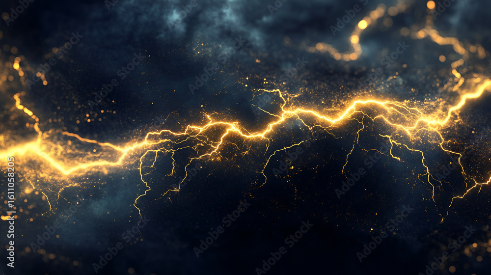 Poster golden lightning streaks across a dark textured background creating a dramatic and energetic visual