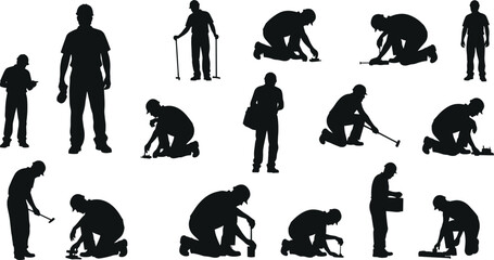 Silhouette of construction workers performing tasks, teamwork concept, labor industry, tool usage, hard work effort, industrial profession, maintenance activity